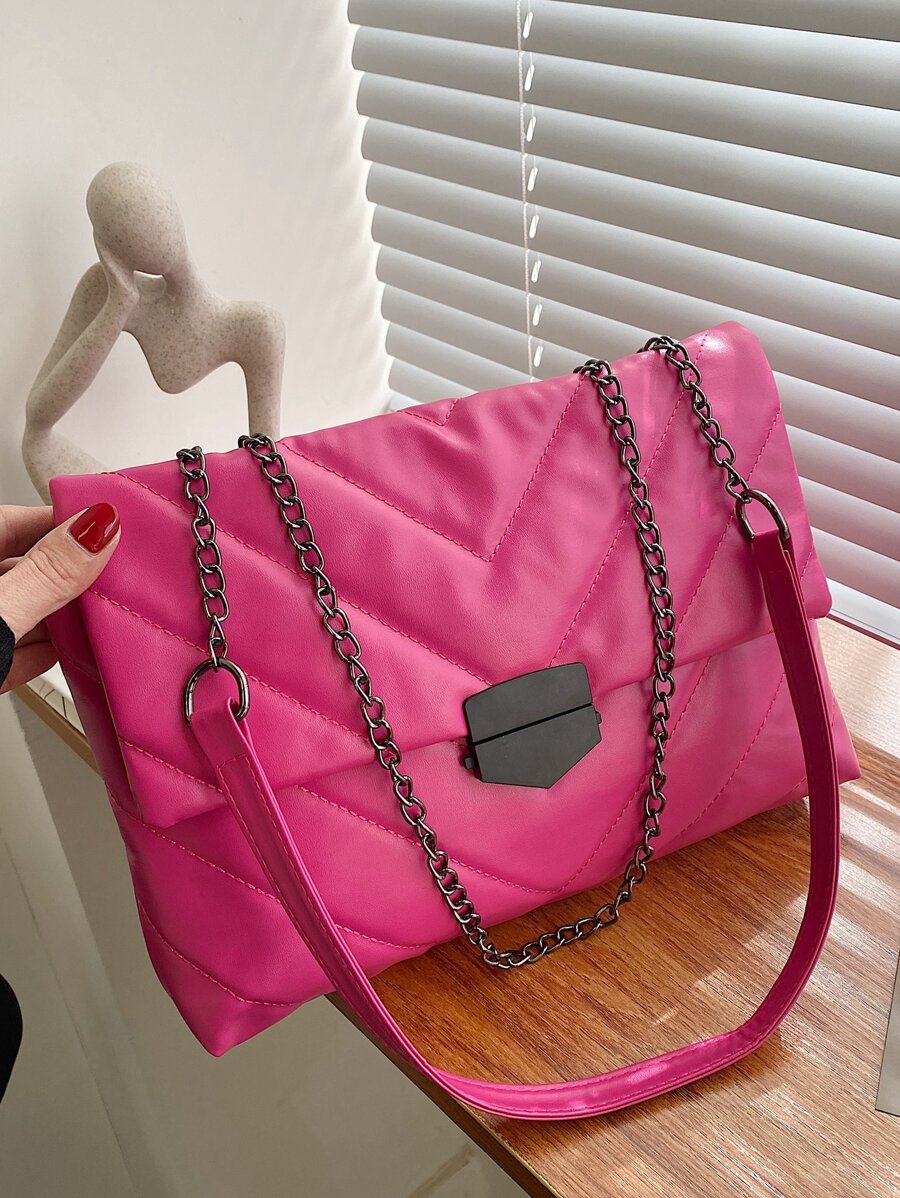 Túi Xách tay Nữ Kẻ sọc Chuỗi Đúng mốt - Màu Hồng Tươi - Xem 1