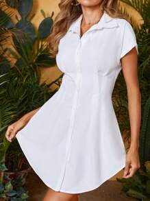 SHEIN Privé Plicated Detail Batwing Sleeve Shirt Dress - White - View 4