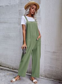 Breezaya Dual Pocket Solid Overall Jumpsuit Without Tee - Green - View 1