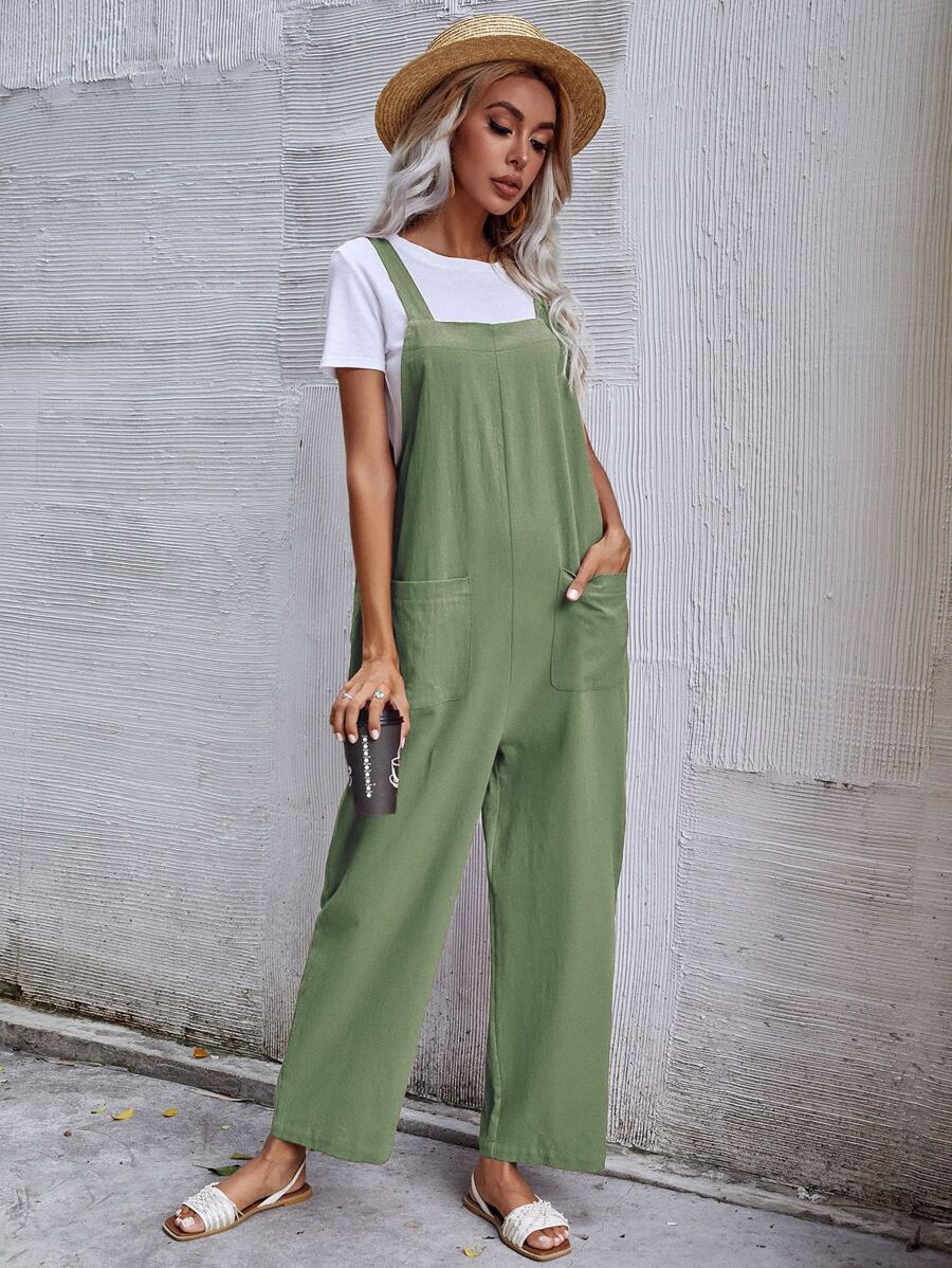 Breezaya Dual Pocket Solid Overall Jumpsuit Without Tee - Green - View 1