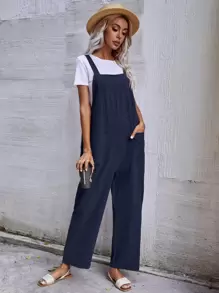 SHEIN LUNE Dual Pocket Solid Overall Jumpsuit Without Tee
