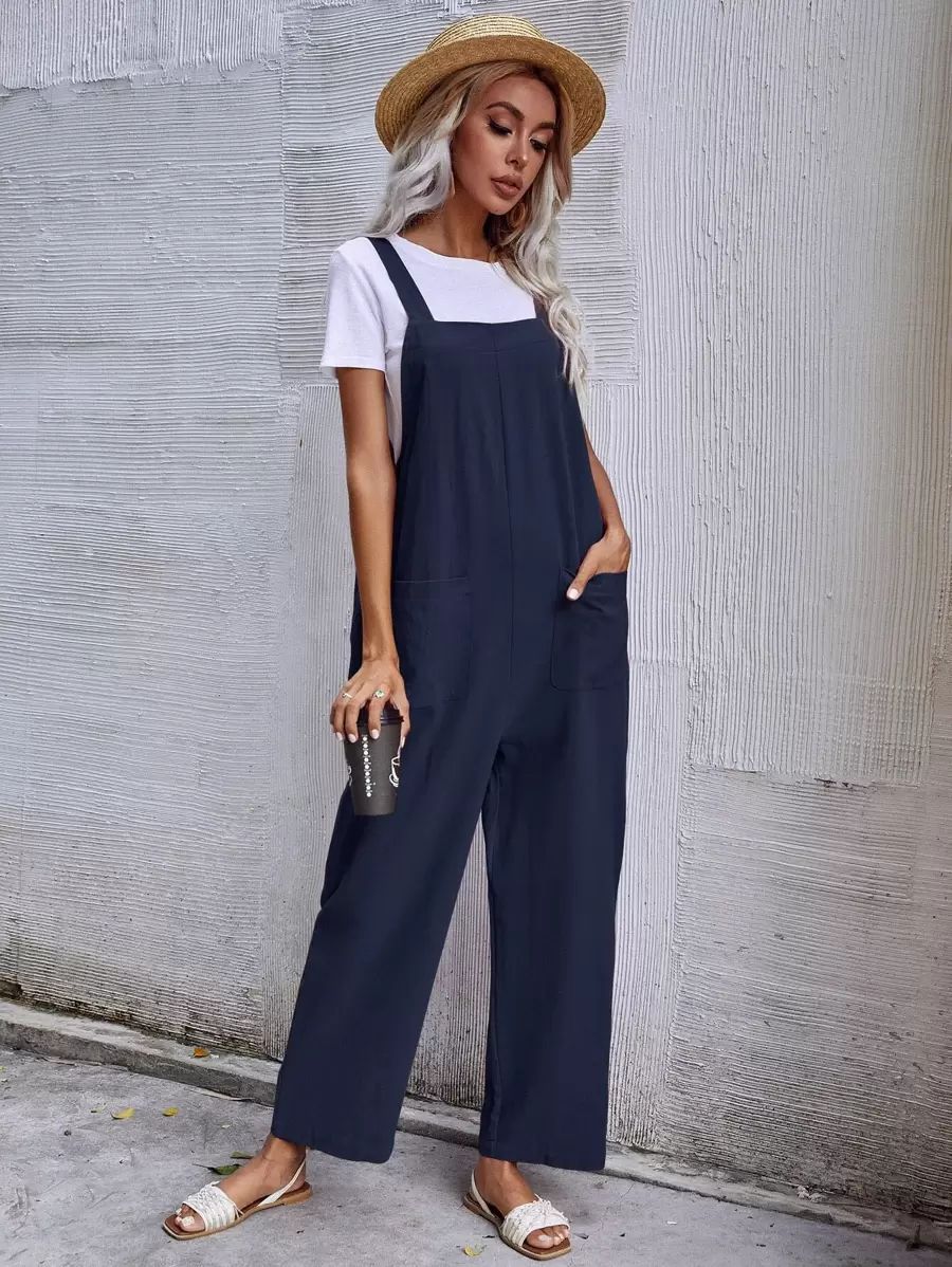 SHEIN LUNE Dual Pocket Solid Overall Jumpsuit Without Tee