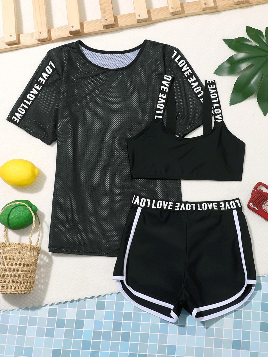 SHEIN Tween Girl Letter Tape Bikini Set With Cover Up Summer Beach - Black - View 1