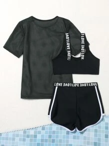 SHEIN Tween Girl Letter Tape Bikini Set With Cover Up Summer Beach - Black - View 2