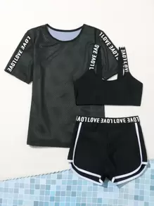 SHEIN Tween Girl Letter Tape Bikini Set With Cover Up Summer Beach - Black - View 5