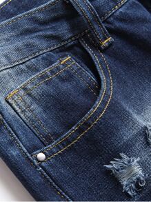 Men Plus Cotton Ripped Frayed Cat Scratch Skinny Jeans - Dark Wash - View 3