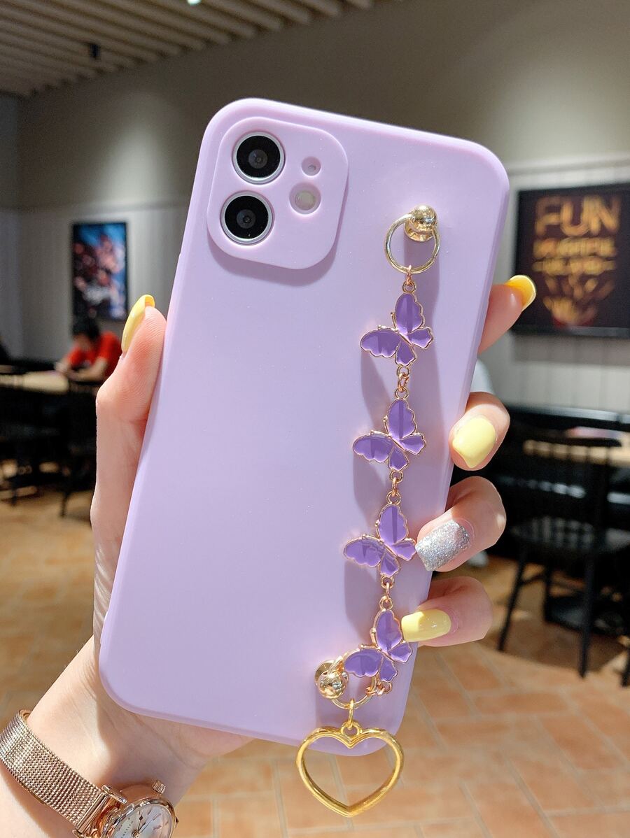 Solid Phone Case With Butterfly Decor Hand Strap - Purple - View 1