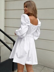 Double Crazy vestido de patín ribete fruncido de manga farol - Blanco - Ver 2