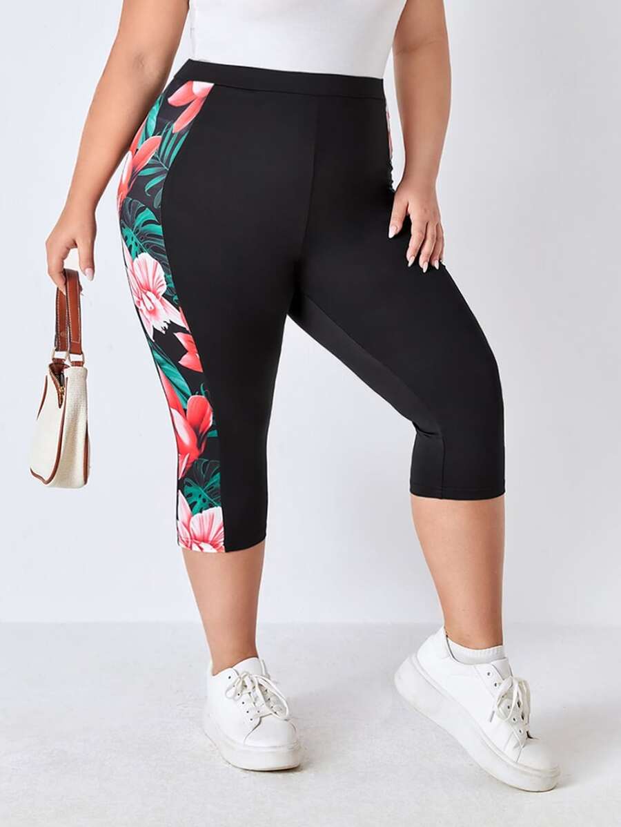 EMERY ROSE Plus Tropical Print High Waist Capri Leggings - Black - View 1