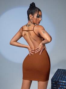SHEIN ICON Solid Ribbed Knit Backless Bodycon Dress - Brown - View 1