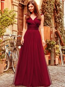 Surplice Neck Tied Empire Waist Mesh Prom Dress - Burgundy - View 4