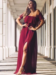 露肩荷叶袖侧开衩A字雪纺酒红色伴娘礼服，婚礼宾客礼服，婚礼/度假/毕业典礼春季优雅礼服 - 酒紅色 - 查看 10