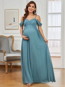 EVERPRETTY Maternity Cold Shoulder Ruched Detail Zip Back Dress, Elegant, For Party - Cadet Blue - View 4