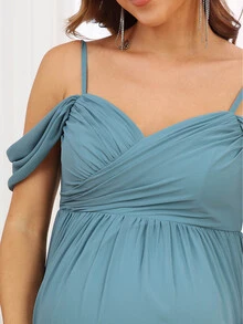 EVERPRETTY Maternity Cold Shoulder Ruched Detail Zip Back Dress, Elegant, For Party - Cadet Blue - View 5
