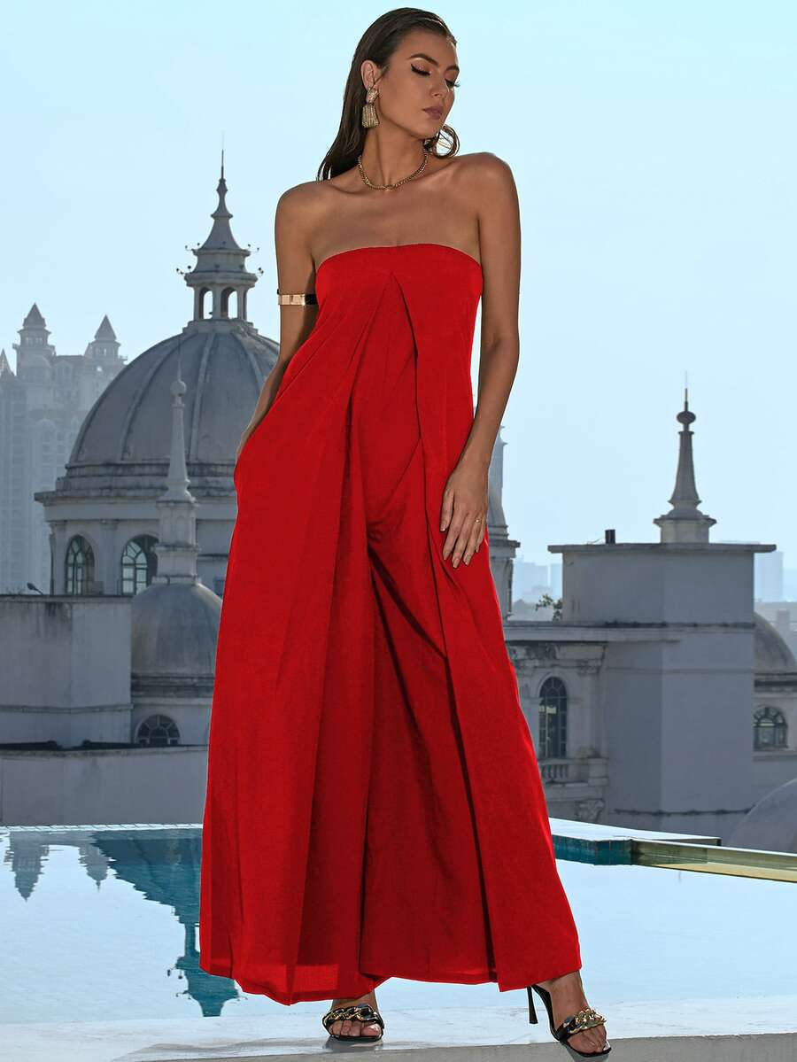 Missord Zip Back Slit Front Wide Leg Tube Jumpsuit - Red - View 1