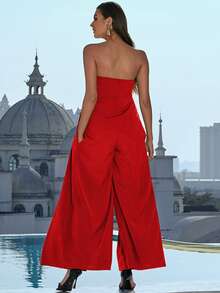 Missord Zip Back Slit Front Wide Leg Tube Jumpsuit - Red - View 2