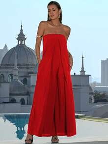 Missord Zip Back Slit Front Wide Leg Tube Jumpsuit - Red - View 3