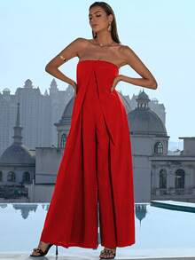 Missord Zip Back Slit Front Wide Leg Tube Jumpsuit - Red - View 4