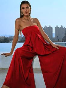 Missord Zip Back Slit Front Wide Leg Tube Jumpsuit - Red - View 5