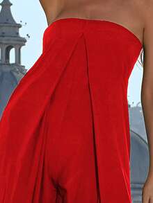Missord Zip Back Slit Front Wide Leg Tube Jumpsuit - Red - View 8