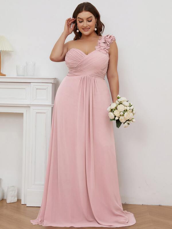 大碼單肩貼花褶邊雪紡伴娘連衣裙