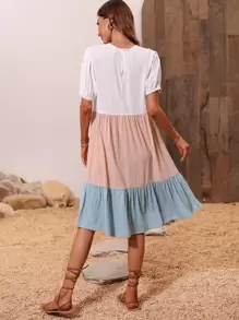 SHEIN LUNE Cut And Sew Puff Sleeve Smock Dress - Multicolor - View 2