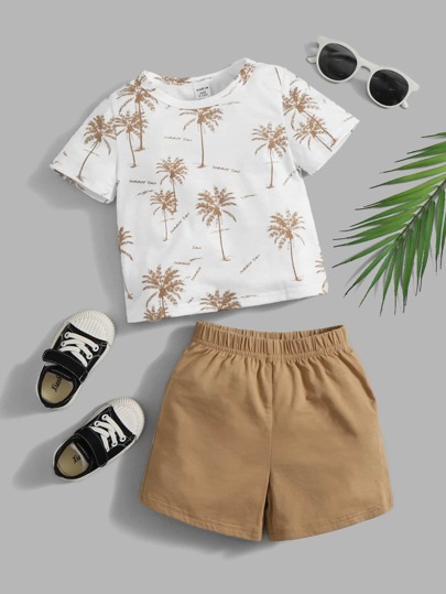 SHEIN Baby Boy Palm Tree Print Short Sleeve T-Shirt And Shorts Set