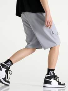 Chillumni Loose Fit Men's Letter Patched Cargo Shorts With Flap Pockets And Drawstring Waist