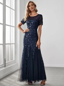 EVERPRETTY Váy dự tiệc lưới đính sequin trang trọng thanh lịch cho tiệc cưới, tiệc tốt nghiệp, tiệc tối - Màu xanh hải quân - Xem 1