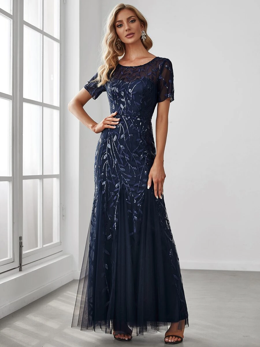 EVERPRETTY Váy dự tiệc lưới đính sequin trang trọng thanh lịch cho tiệc cưới, tiệc tốt nghiệp, tiệc tối - Màu xanh hải quân - Xem 1
