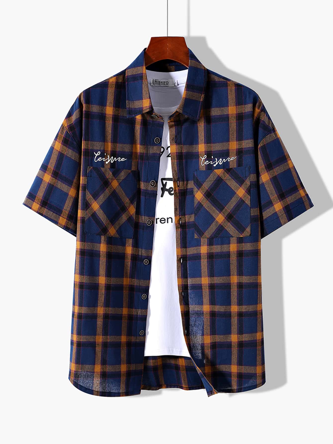 Manfinity Men Random Plaid Letter Embroidery Dual Pocket Drop Shoulder Shirt Without Tee - Multicolor - View 1