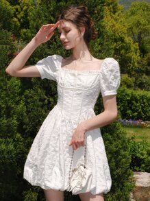 Đầm viền lá sen Dây kéo màu trơn Lãng mạn - trắng - Xem 1