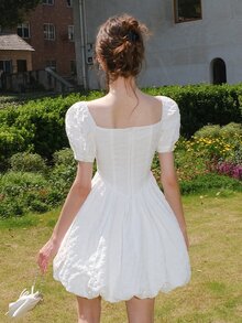 Đầm viền lá sen Dây kéo màu trơn Lãng mạn - trắng - Xem 2