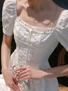 Đầm viền lá sen Dây kéo màu trơn Lãng mạn - trắng - Xem 4