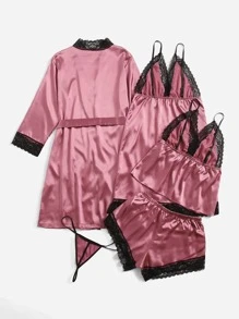 Classic Sexy 6 piezas Set de lencería ribete con encaje de satén con bata - Morado - Ver 2