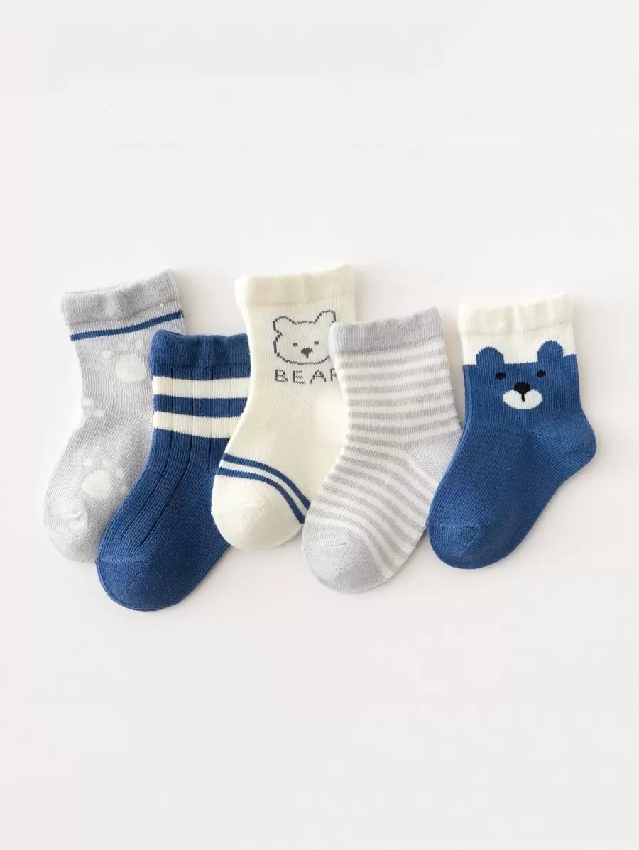 5pairs/set Cute Animal Print Mid-calf Socks For Boys And Girls - Multicolor - View 1