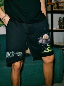 ROMWE MEN Rick and Morty | ROMWE Guys Letter Cartoon Graphic Shorts - Black - View 3
