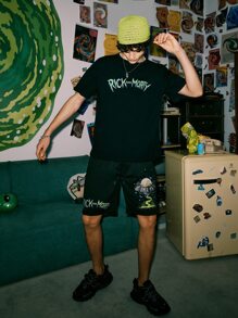 ROMWE MEN Rick and Morty | ROMWE Guys Letter Cartoon Graphic Shorts - Black - View 4