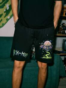 ROMWE MEN Rick and Morty | ROMWE Guys Letter Cartoon Graphic Shorts - Black - View 5