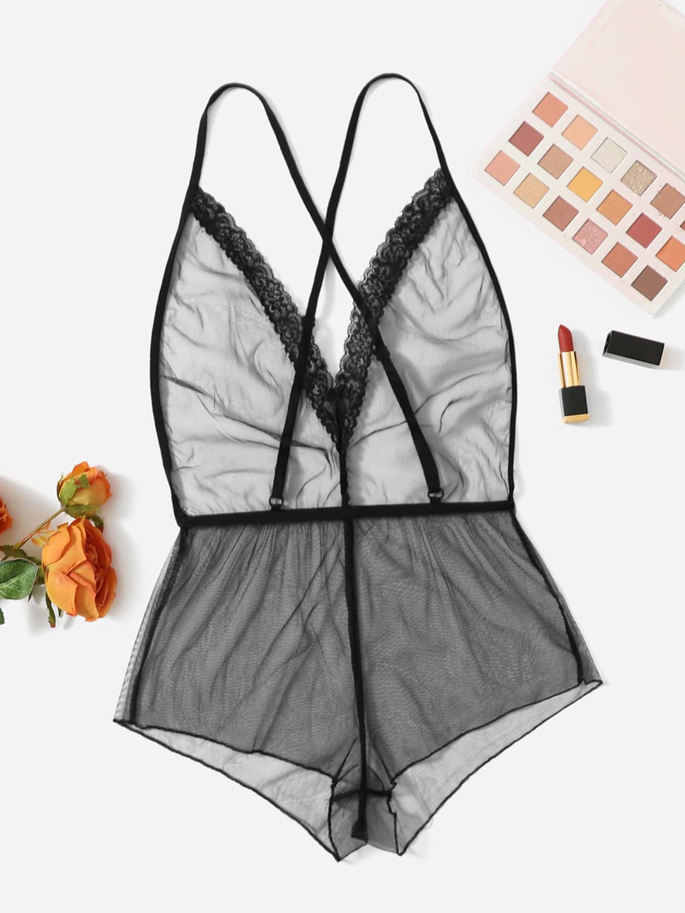 Criss Cross Mesh Teddy Bodysuit - Black - View 1