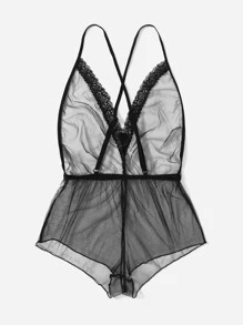 Criss Cross Mesh Teddy Bodysuit - Black - View 2