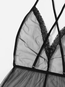 Criss Cross Mesh Teddy Bodysuit - Black - View 4