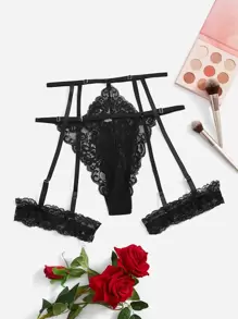 SHEIN 花卉蕾丝吊袜带内裤内衣 - 黑色 - 查看 1
