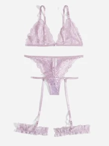 貝殼邊花卉蕾絲吊襪帶內衣褲套裝 - 紫丁香色 - 查看 2