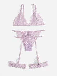 貝殼邊花卉蕾絲吊襪帶內衣褲套裝 - 紫丁香色 - 查看 3