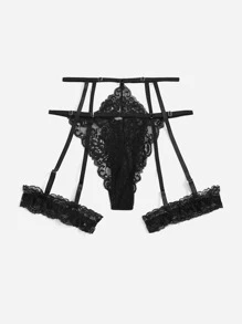 SHEIN 花卉蕾丝吊袜带内裤内衣 - 黑色 - 查看 3