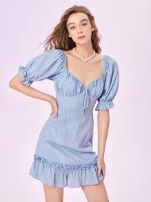SHEIN MOD 雞心領口泡泡袖圓點洋裝 - 霧霾藍 - 查看 1