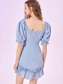 SHEIN MOD 雞心領口泡泡袖圓點洋裝 - 霧霾藍 - 查看 2