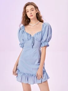 SHEIN MOD 雞心領口泡泡袖圓點洋裝 - 霧霾藍 - 查看 3