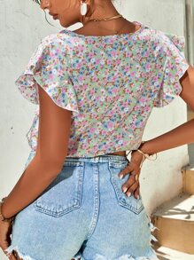 Allover Floral Print Butterfly Sleeve Blouse - Multicolor - View 2